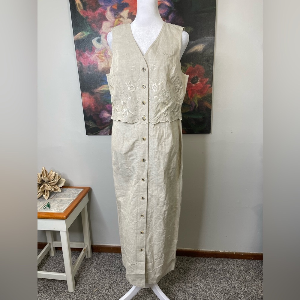 VTG Susan Bristol Ivory Embroidered Button front Linen Maxi Dress Sz 6 Teacher